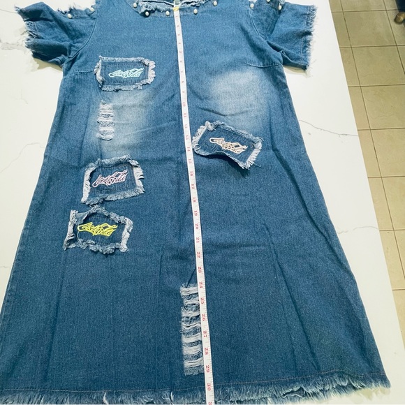 🌸3 for $30 Denim Mini Dress Size M details pearls embroidery distressed jeans - Picture 14 of 15